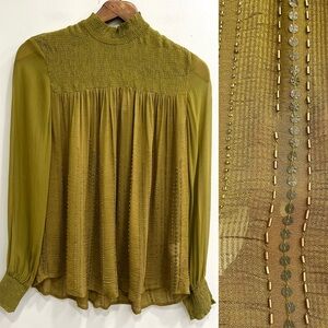 Anthropologie Blank London green beaded sequined mock neck blouse smocked XS